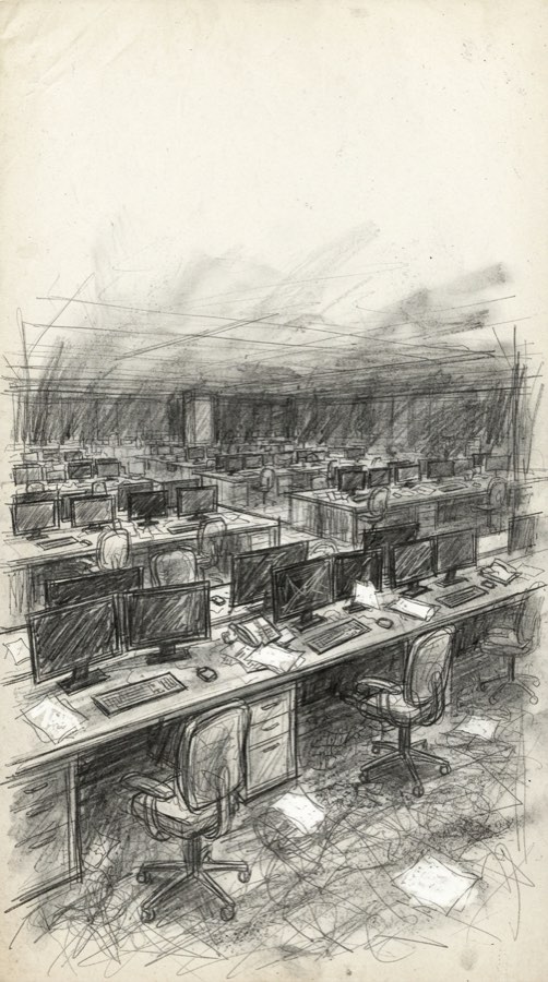 Pencil sketch of an empty trading floor after hours