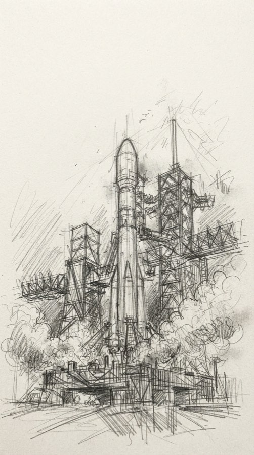 Pencil sketch of a rocket on a launch pad at night